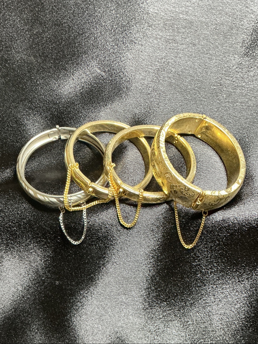 Vintage Gold and Silver Hinged Bangle Set with Safety Chains